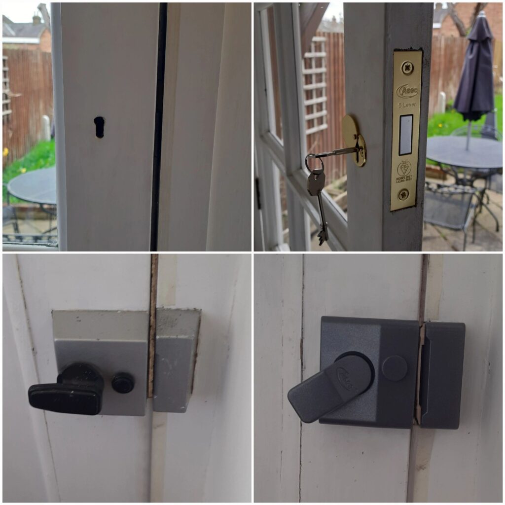 British Standard deadlock and nightlatch fitted to a barn door in Walton-on-Thames