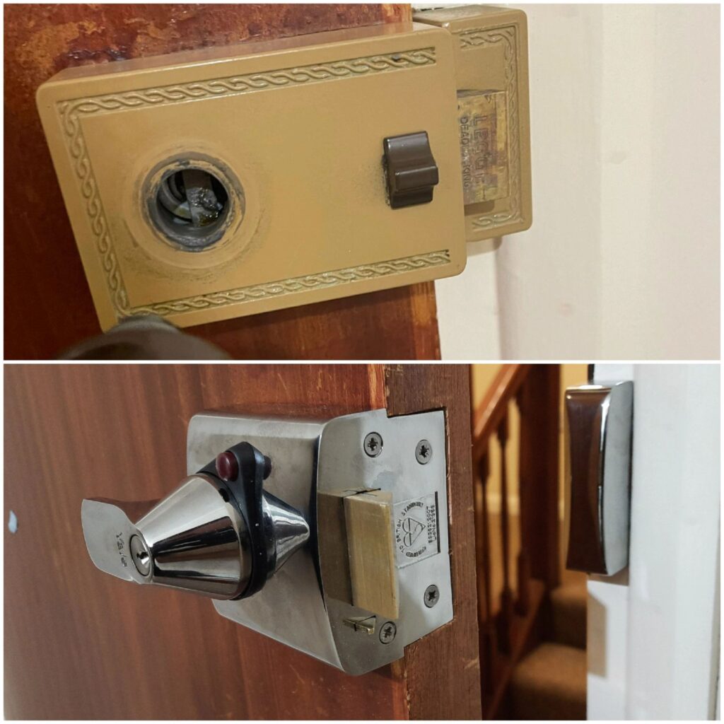 British Standard nightlatch replacement on a flat door in Ashford