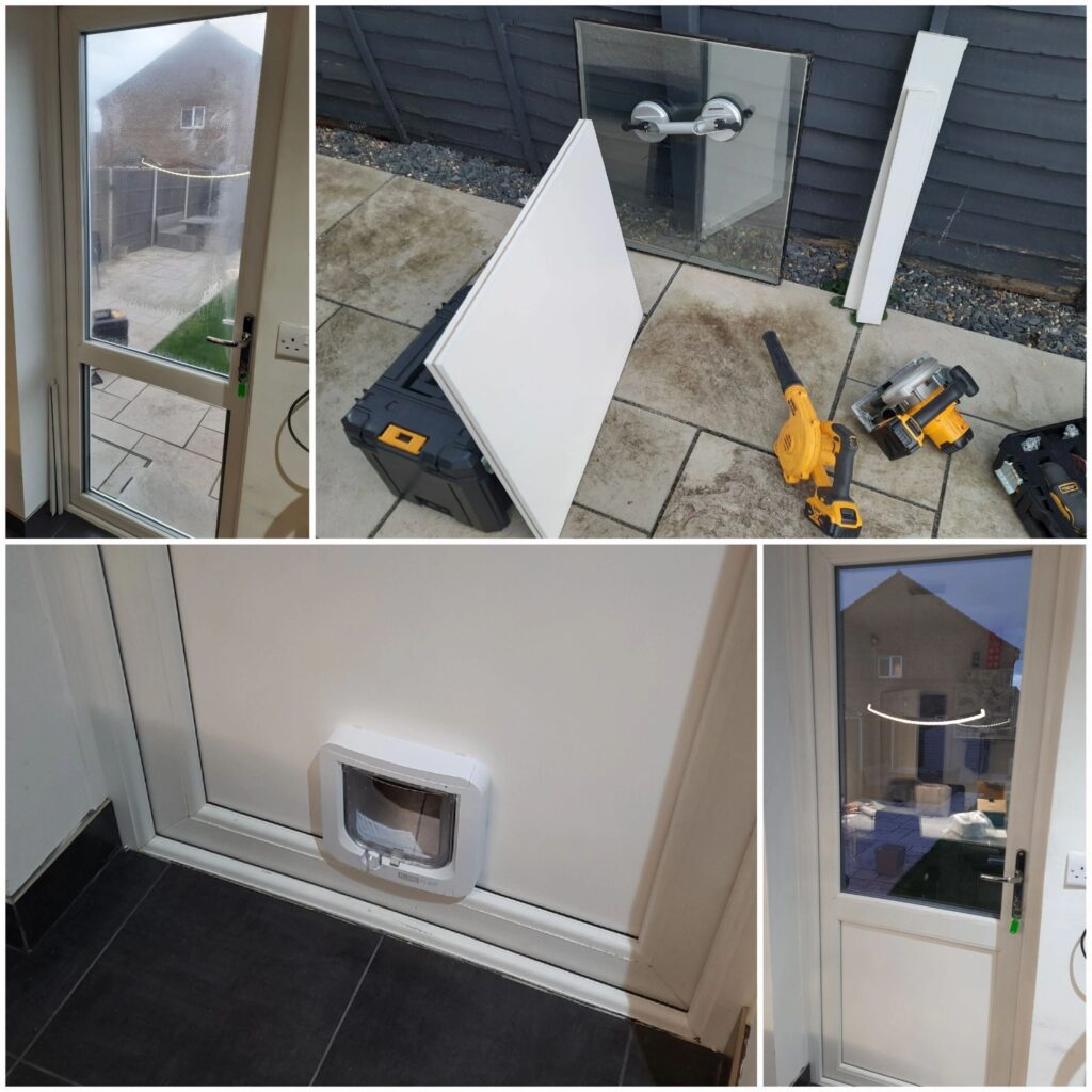 Cat flap and replacement double glazing fitted to a garden door in Shepperton