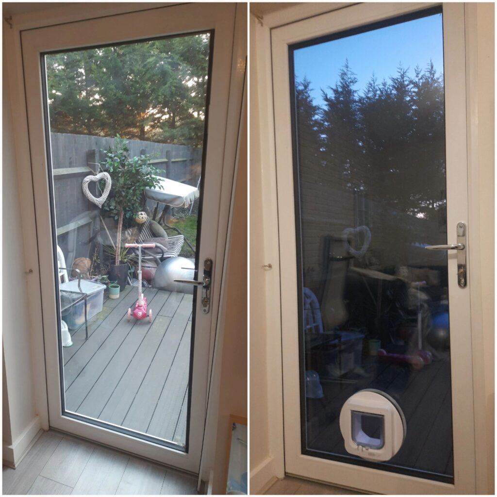 Cat flap installed in double glazing on a patio door in Sunbury-on-Thames