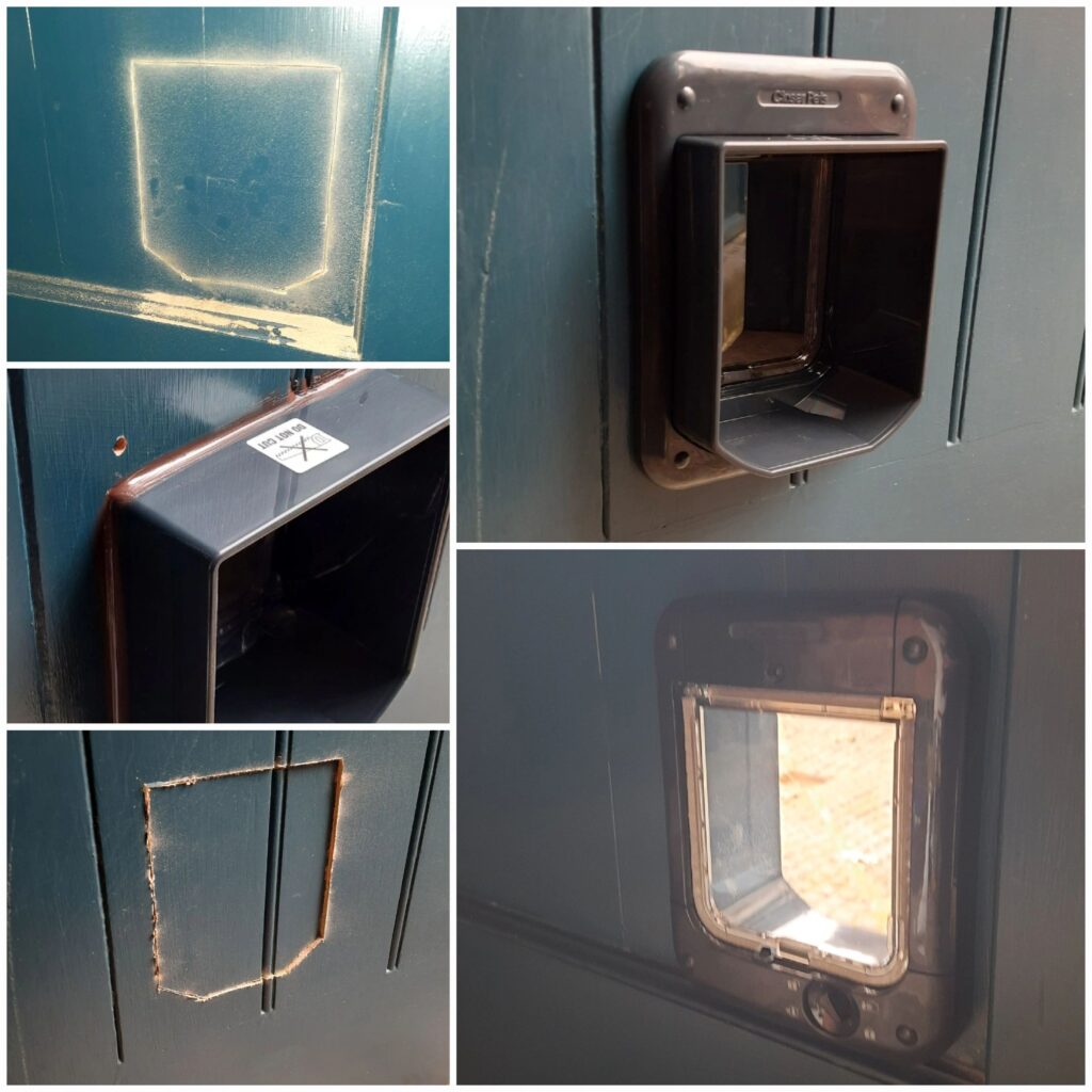 Cat flap installed in a wooden panelled door in Maple Cross