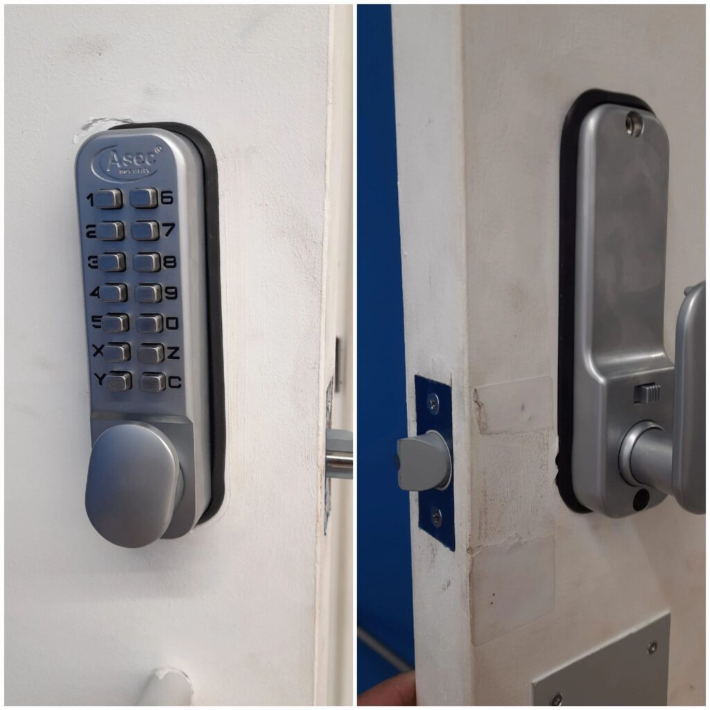 Digital code lock replacement at a youth club in Staines