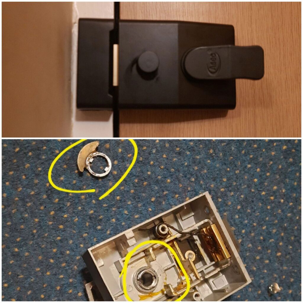 Replacement nightlatch fitted to a flat entrance door in Staines