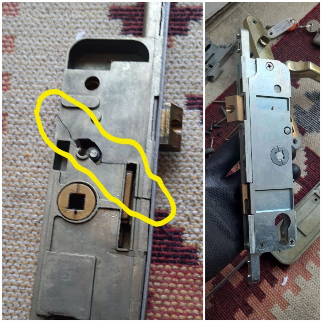 Failed multipoint lock mechanism from a garden door in Ashford