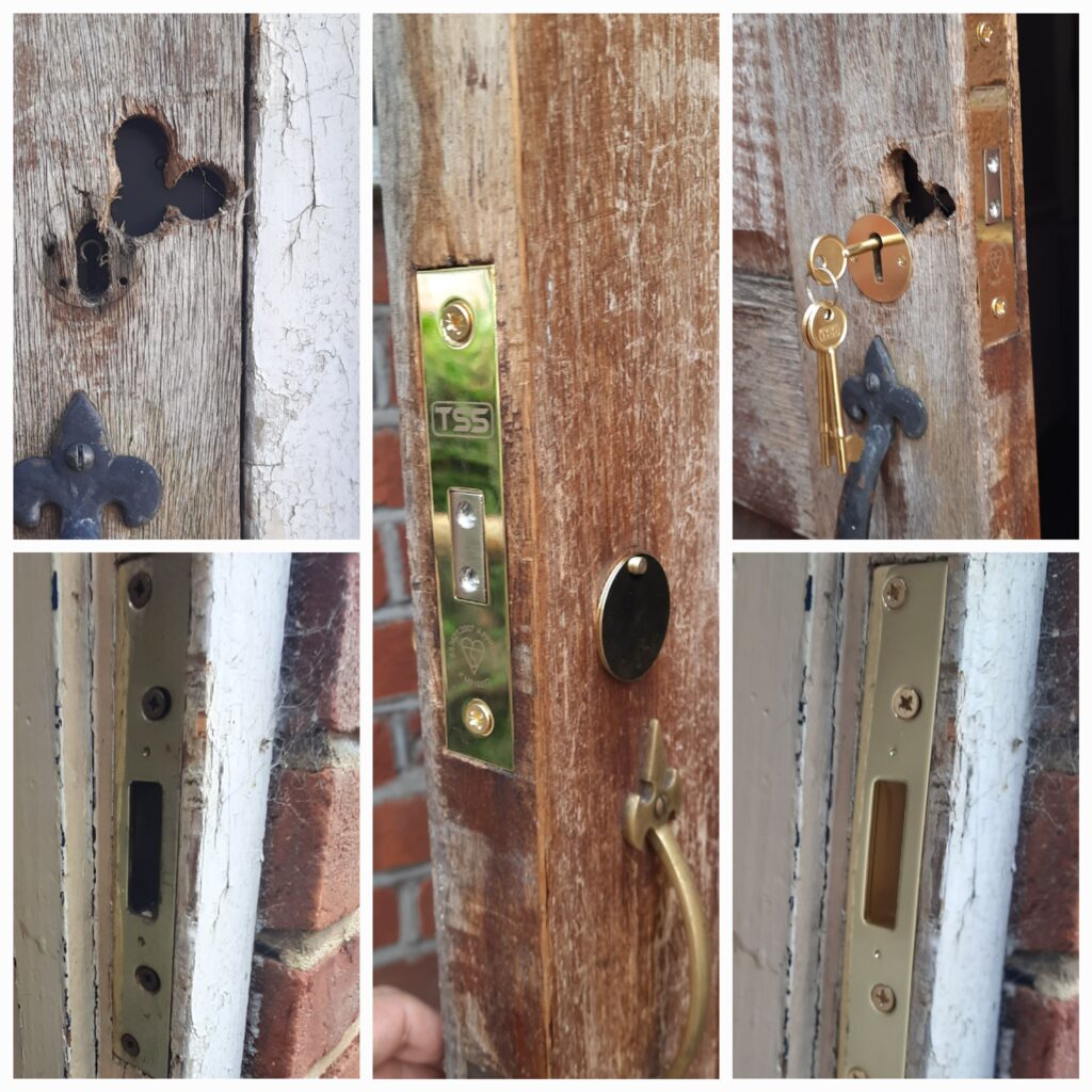 New British Standard 5-lever mortice deadlock, escutcheons and keep fitted to a wooden door in Egham