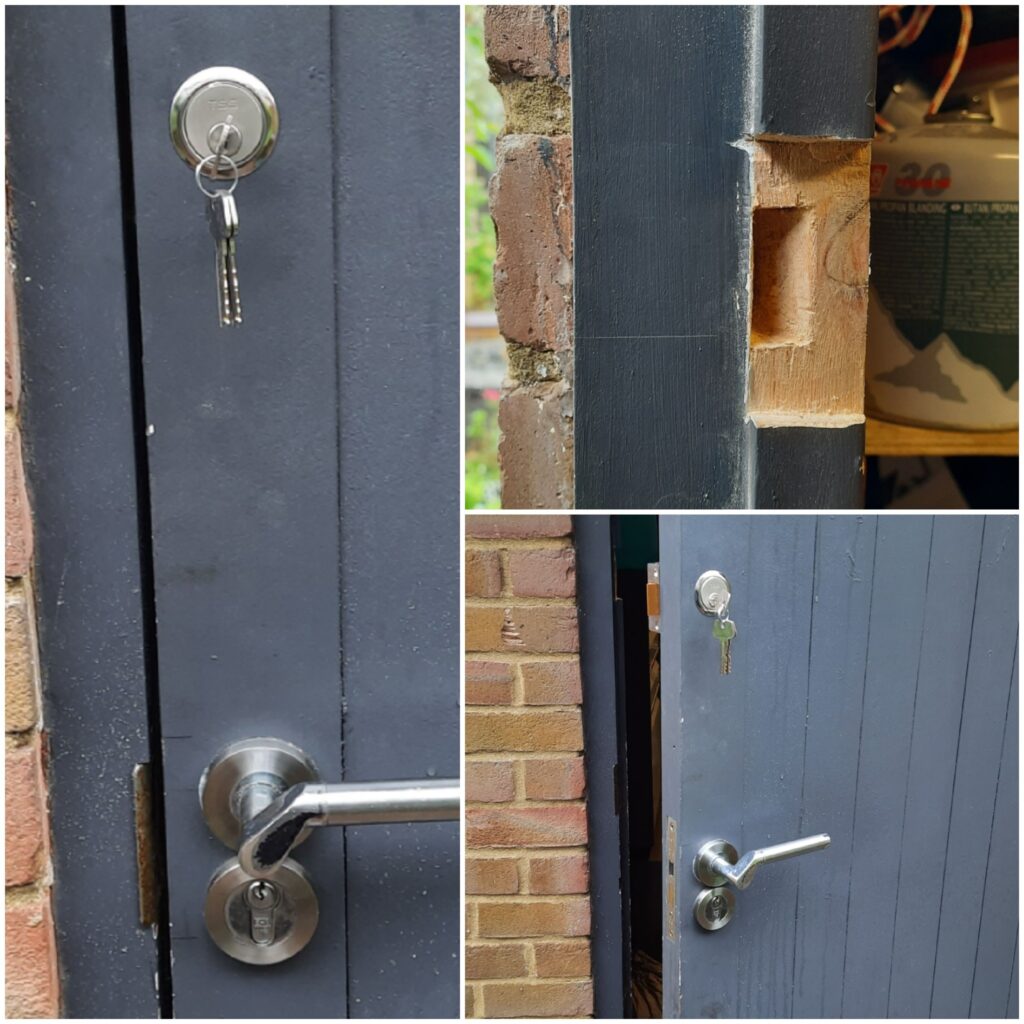 deadlocking nightlatch installation on an outward-opening door in Thames Ditton