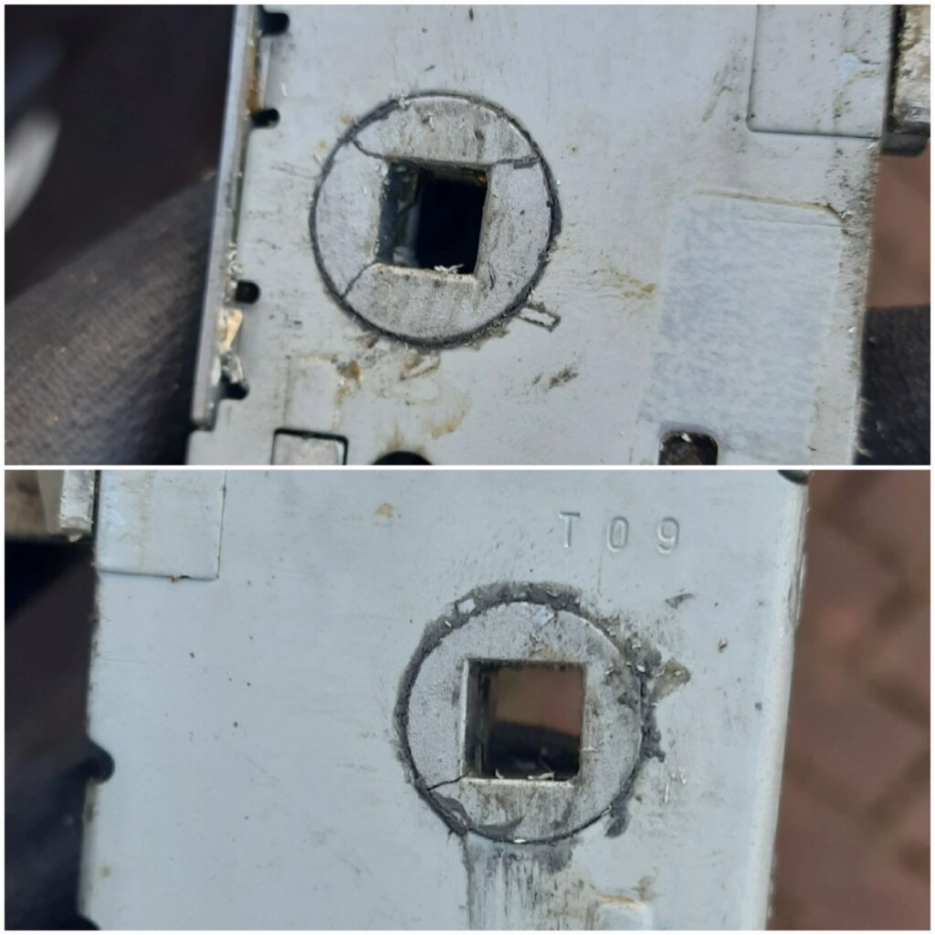 Damaged multipoint lock gearbox from a Walton-on-Thames front door