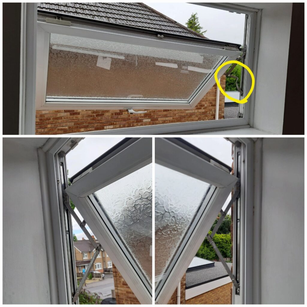 Bent uPVC window hinges replaced on a bathroom window in Ashford